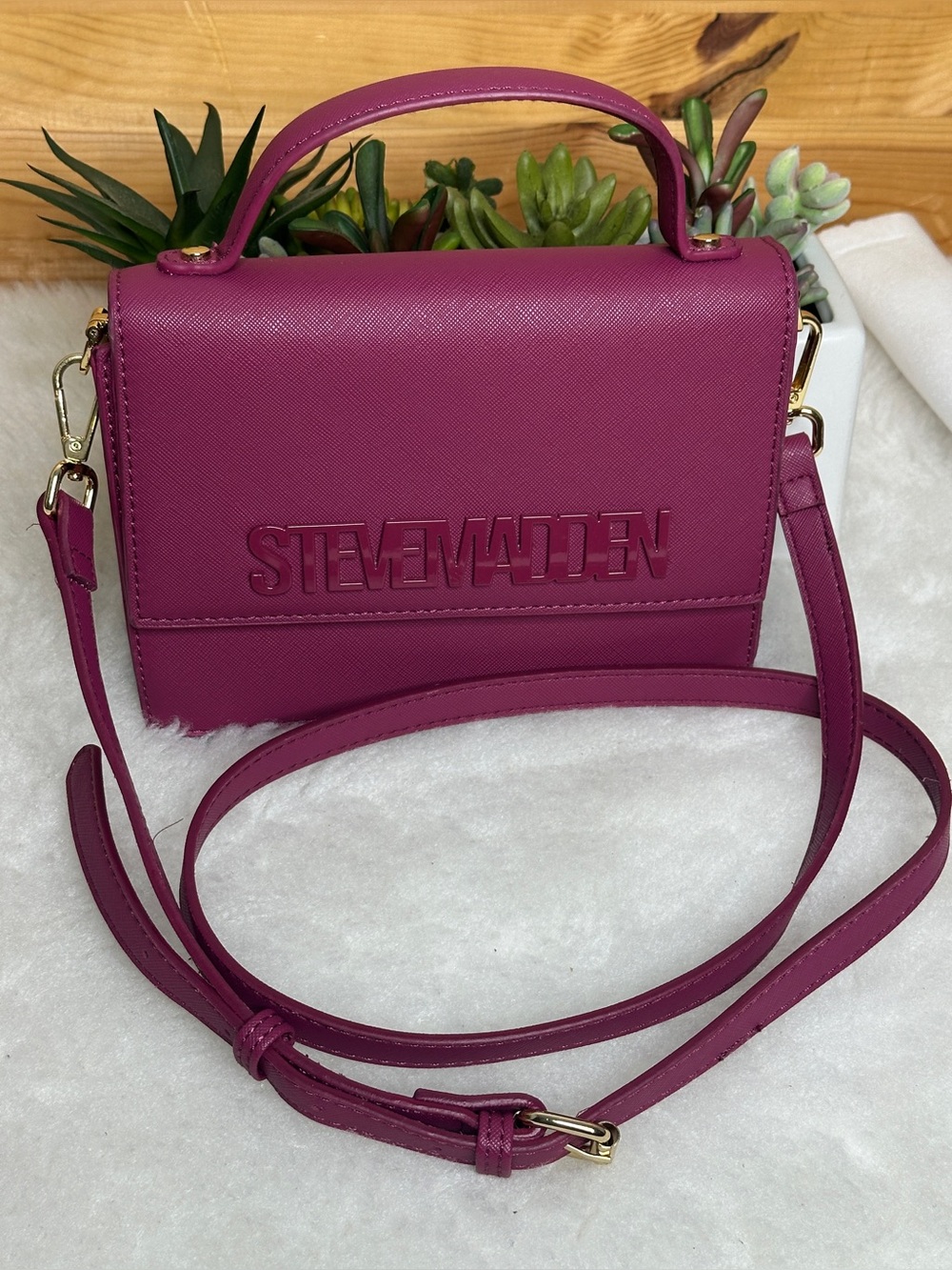 Steve Madden Magenta Structured Top Handle Crossbody Satchel Purse Gold Hardware